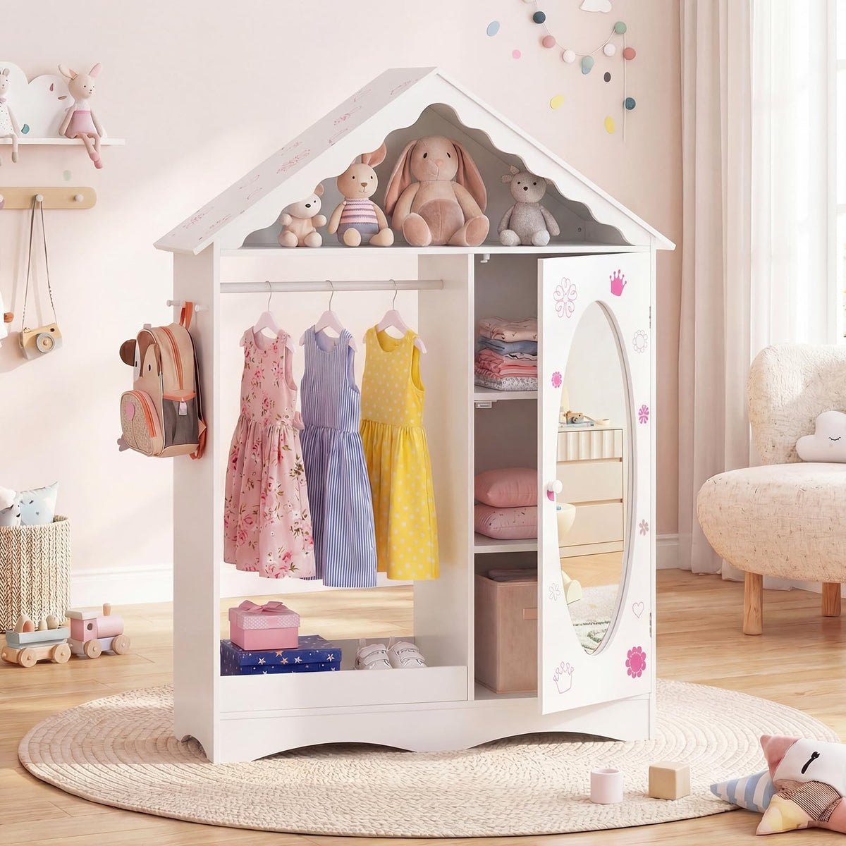 Kids Clothing Rack with Mirror, Children Dress Up Center w/Open Hanging Rack