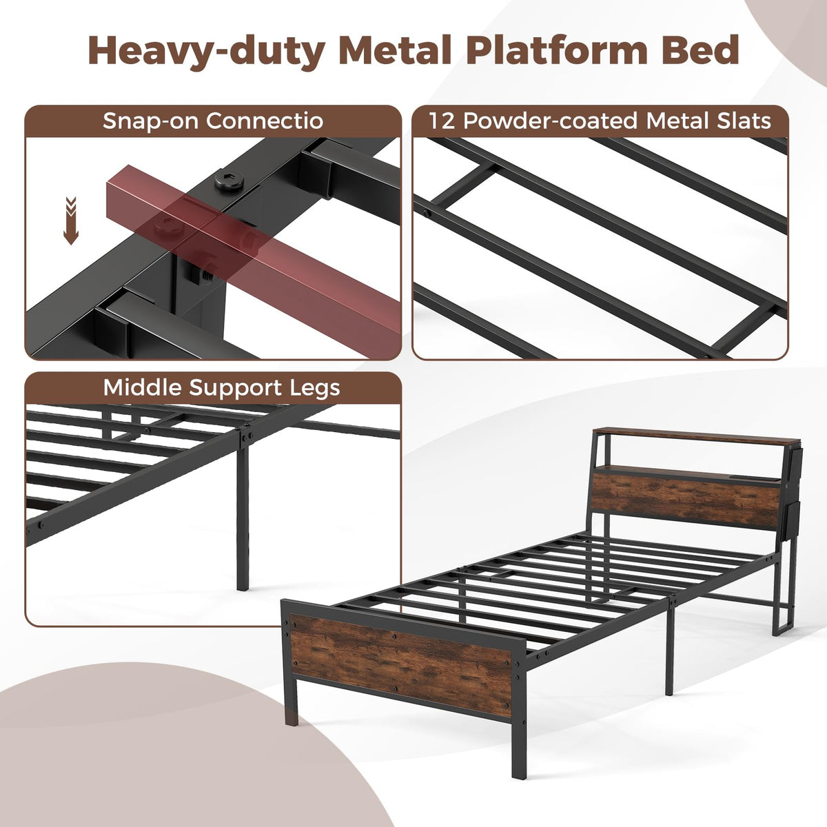Single Size LED Bed Frame with Charging Station