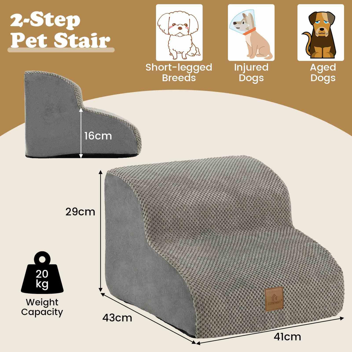 High-Density Foam Dog Ramp, 2-Tier Pet Stairs w/Washable Cover, Non-Slip Bottom