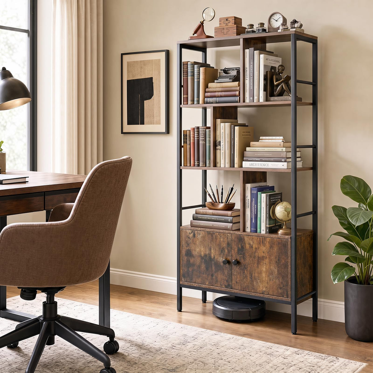 Industrial Tall Bookshelf with 3-Tier Shelves and 2-Door Cabinet for Living Room