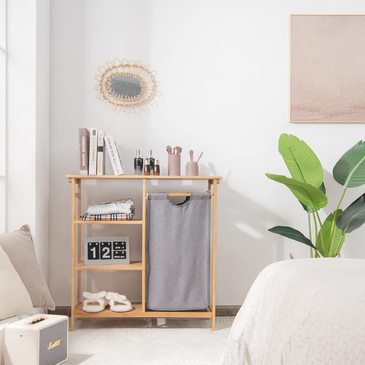 Giantex Bamboo Laundry Hamper Stand w/Sliding Bag & 3-Tier Open Shelves