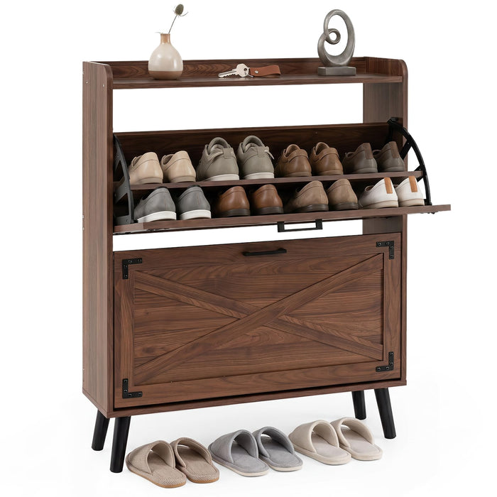 Narrow Shoe Cabinet with 2 Flip Drawers and Adjustable Shelves