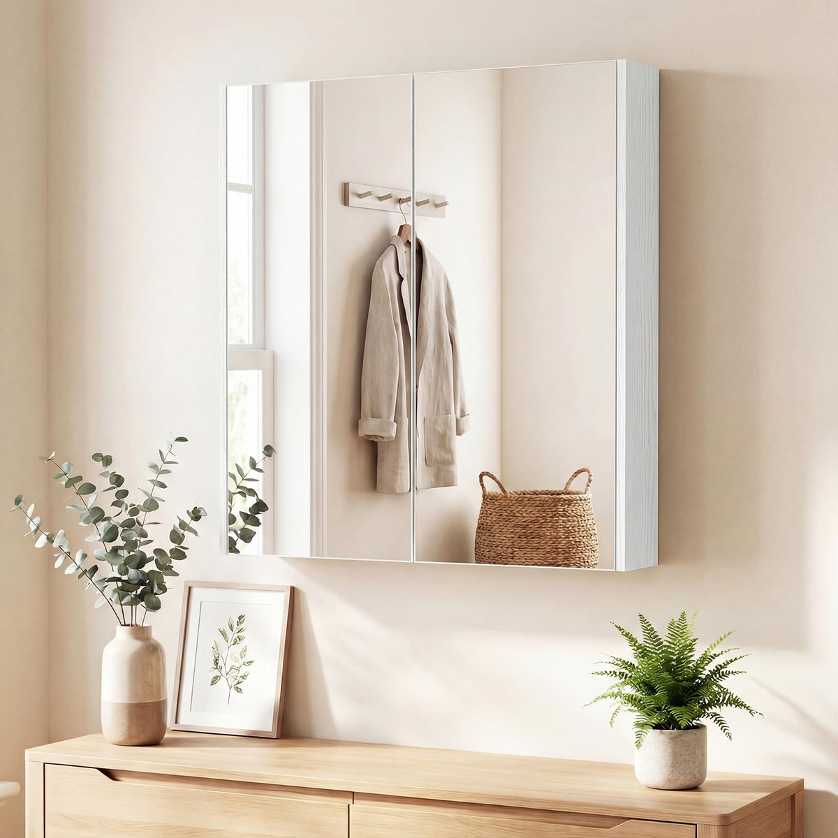 Medicine Cabinet with Mirror and Wooden Hanging 2-Tier Storage Cabinet for Laundry