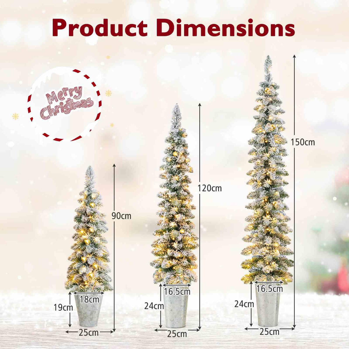 Set of 3 Snow-Flocked Christmas Tree with Silver Metal Buckets for Decoration