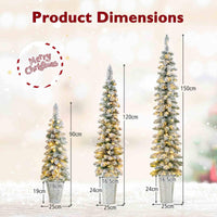 Set of 3 Snow-Flocked Christmas Tree with Silver Metal Buckets for Decoration