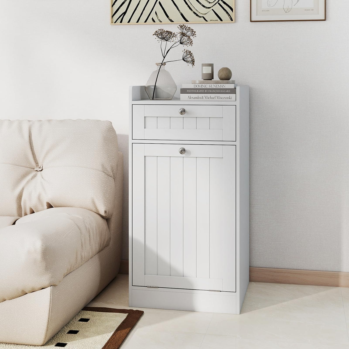 Tilt-Out Laundry Hamper Cabinet Freestanding Bathroom Storage Cabinet with 1/2 Shelf