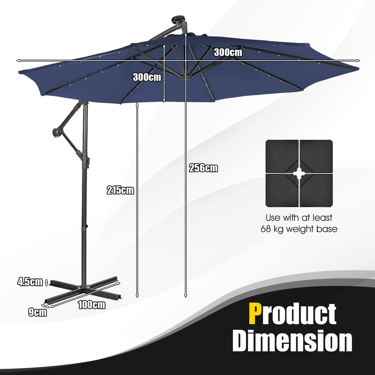 3M Cantilever Umbrella, w/ 32 Solar-Powered LED Lights