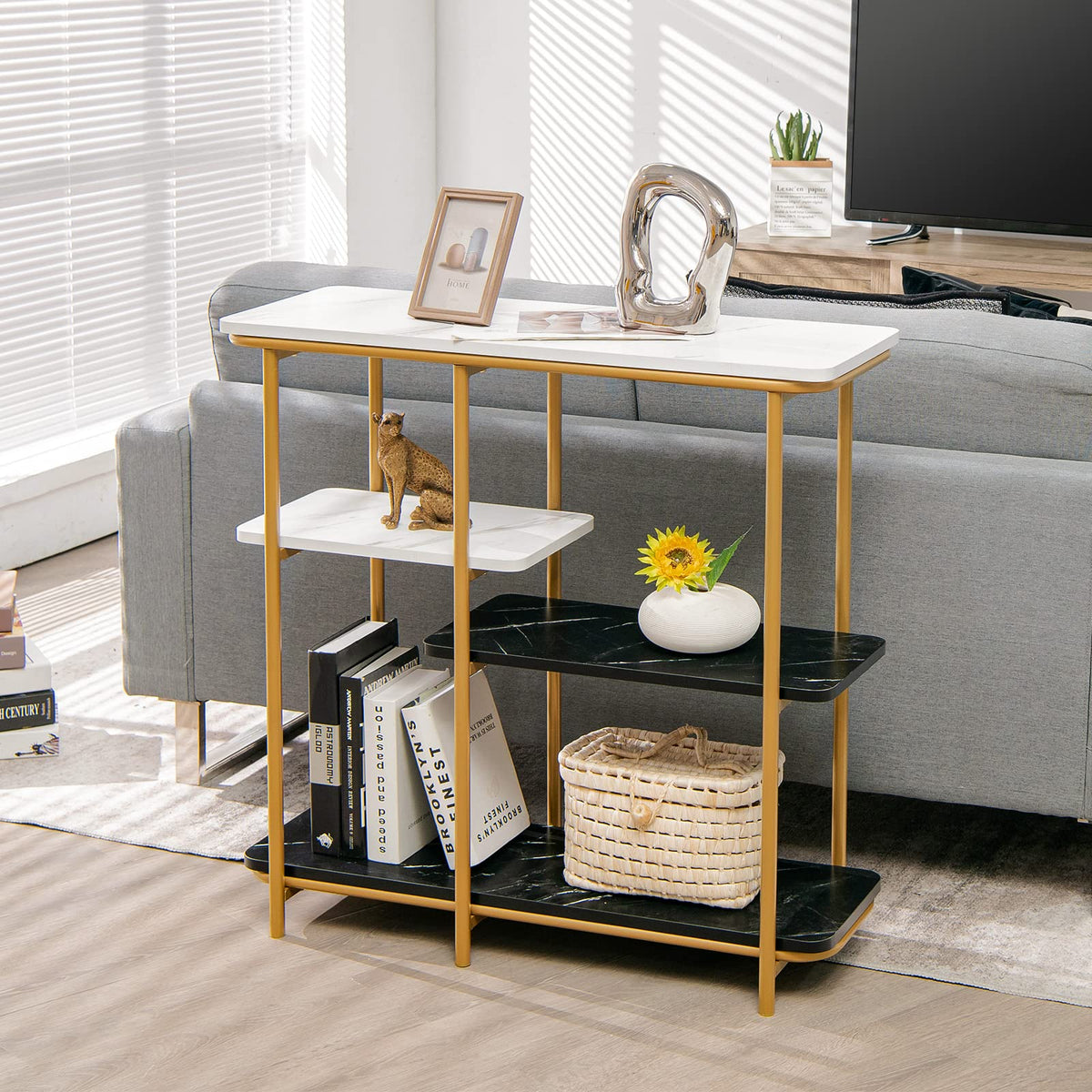 Giantex 4 Tier Console Table, Faux Marble Entrance Sofa Table w/Shelves