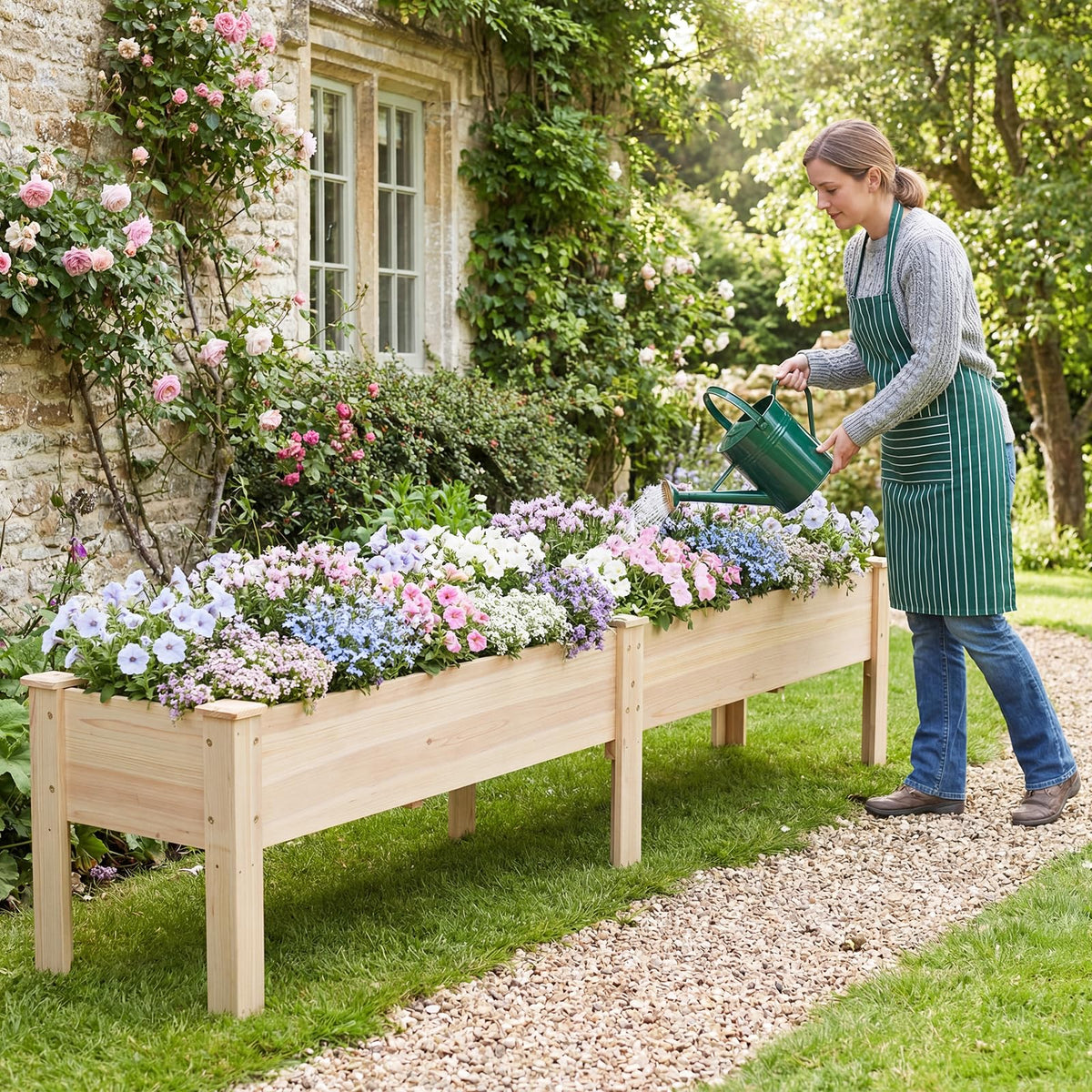 240 x 44 CM Fir Wood Raised Garden Bed with Legs, Drainage Holes for Vegetables Flowers Herbs