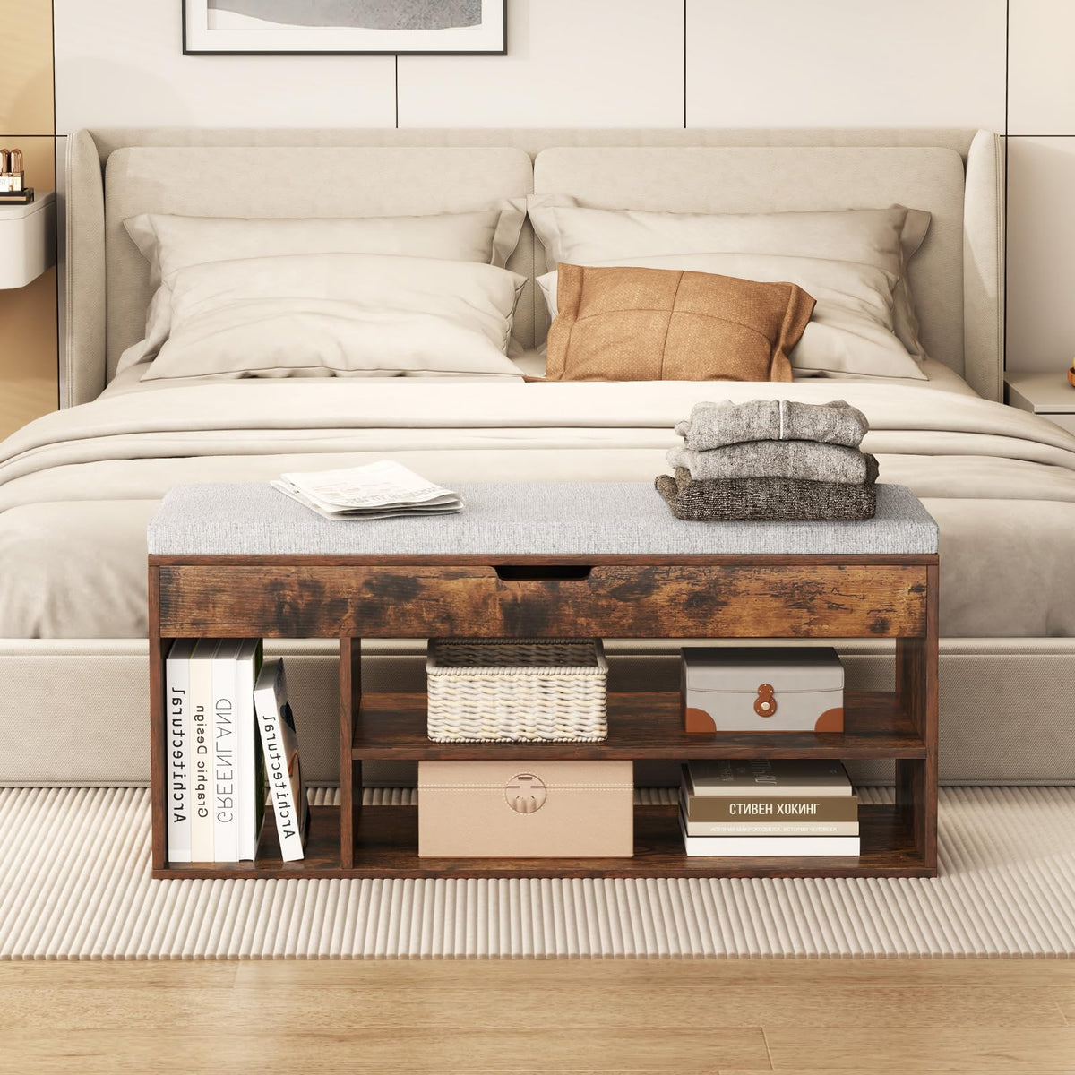 Shoe Bench w/Padded Seat, Shoes Rack w/Hidden Storage