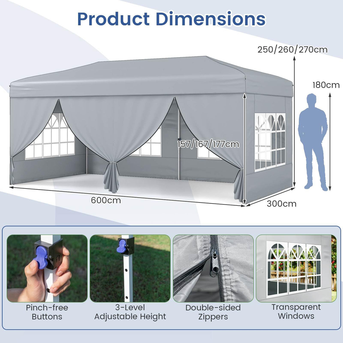 3 x 6 m Pop up Canopy Tent with 6 Sidewalls and Wheeled Bag