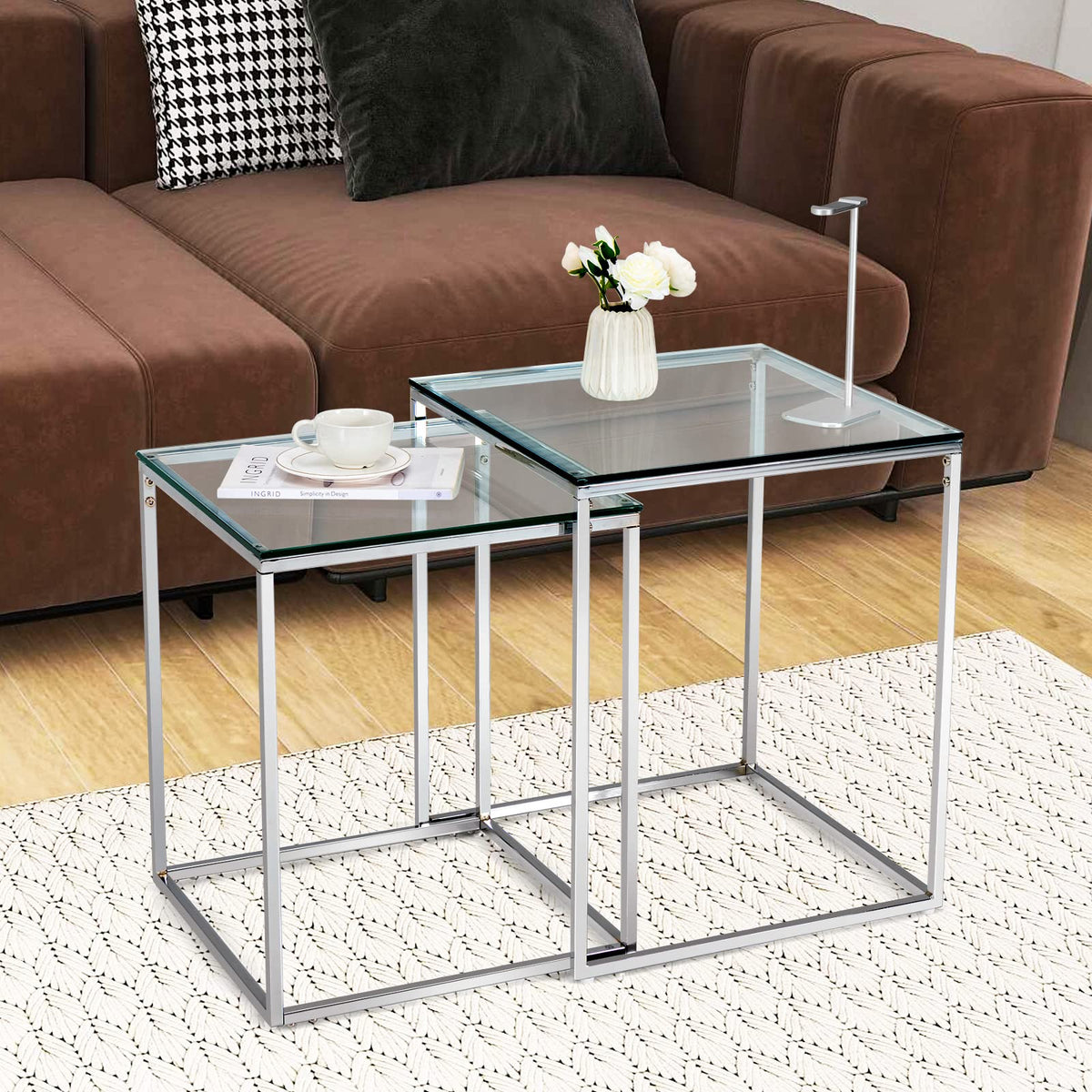 Giantex Nesting Glass Coffee Table Set of 2, Modern Home Coffee Table Set with Tempered Glass Top & Metal Frame