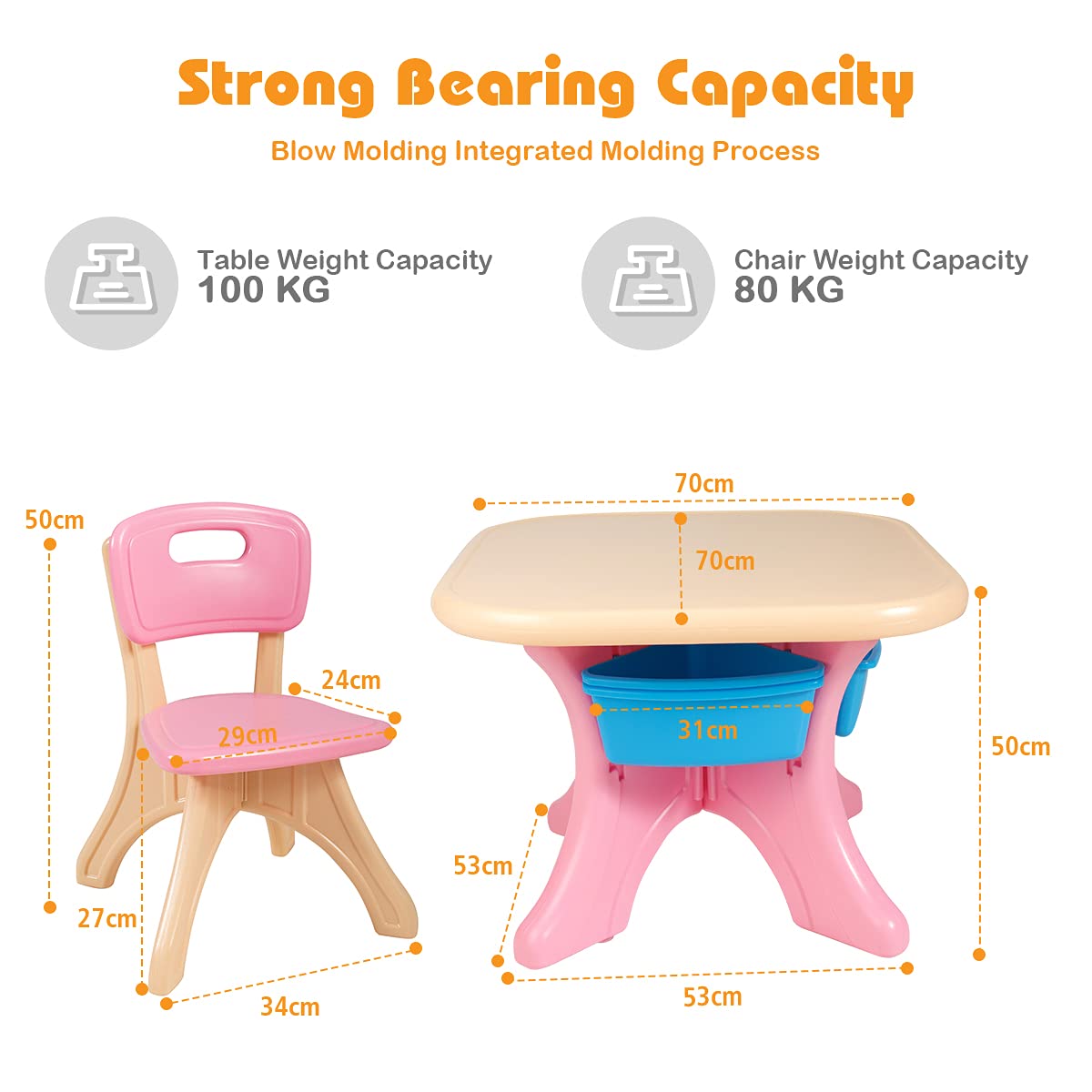 Kids Table Set, 3PCS w/ 1 Table & 2 Chairs & 4 Detachable Storage Boxes