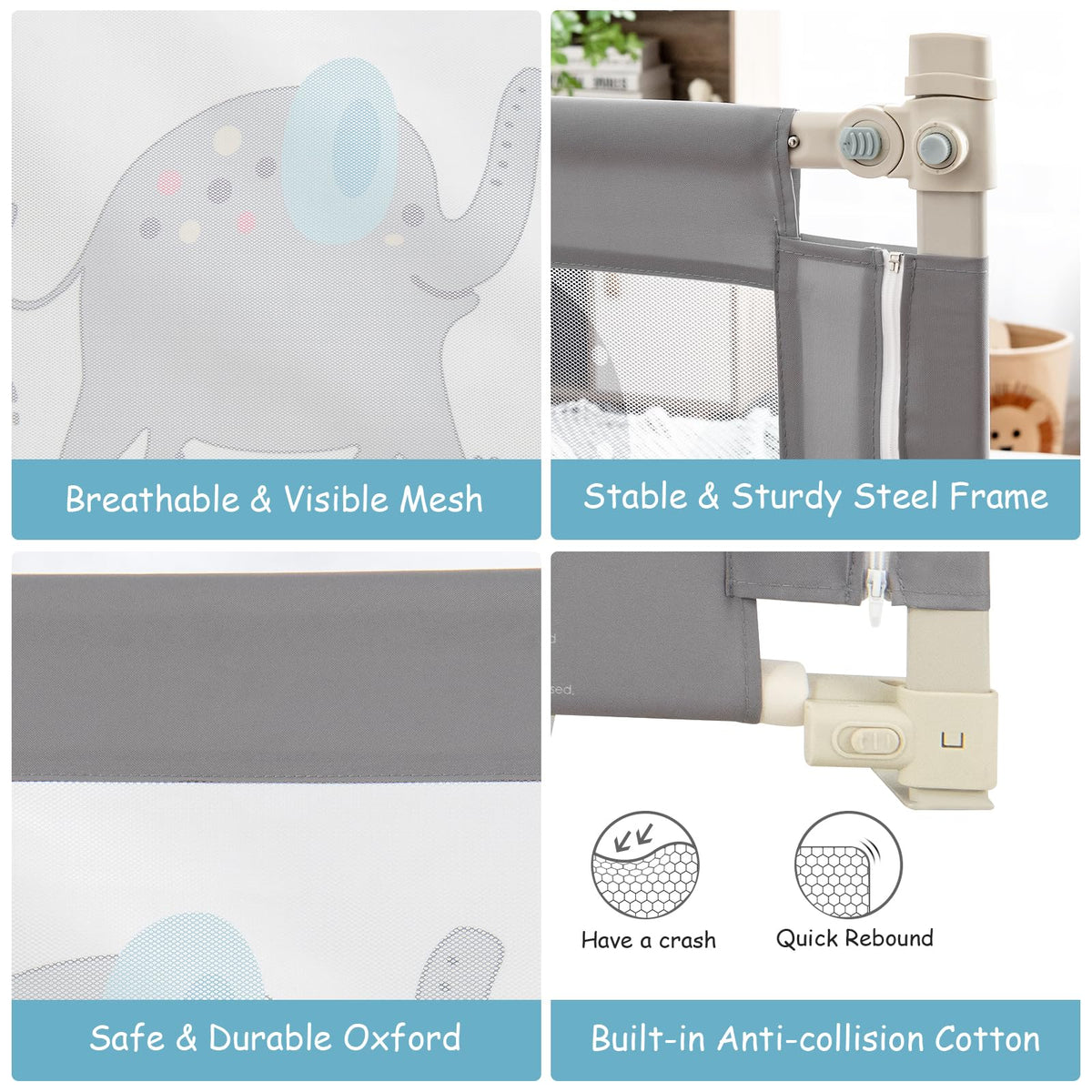 176CM Toddler Bedrail, 72.5-101.5 CM Extra Tall Bed Guardrail w/Anti-Collision Cotton & Side Pocket