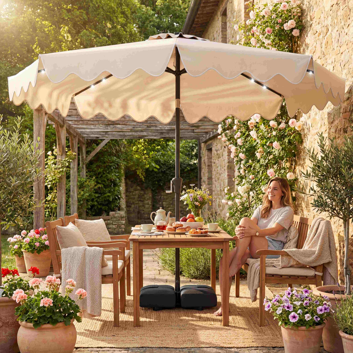 3M Sun Protective Umbrella with Weighted Base and Solar Lights for Deck