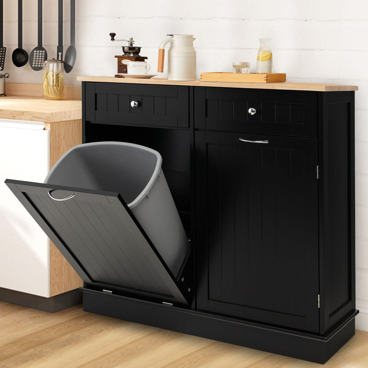 Tilt Out Trash Bin Cabinet with 2 Drawers & Bamboo Cutting Board