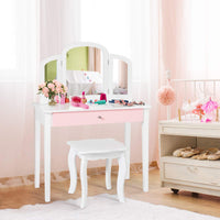 Kids Vanity Table and Chair Set, Princess Makeup Dressing Table with Drawer & Tri-Folding Mirror