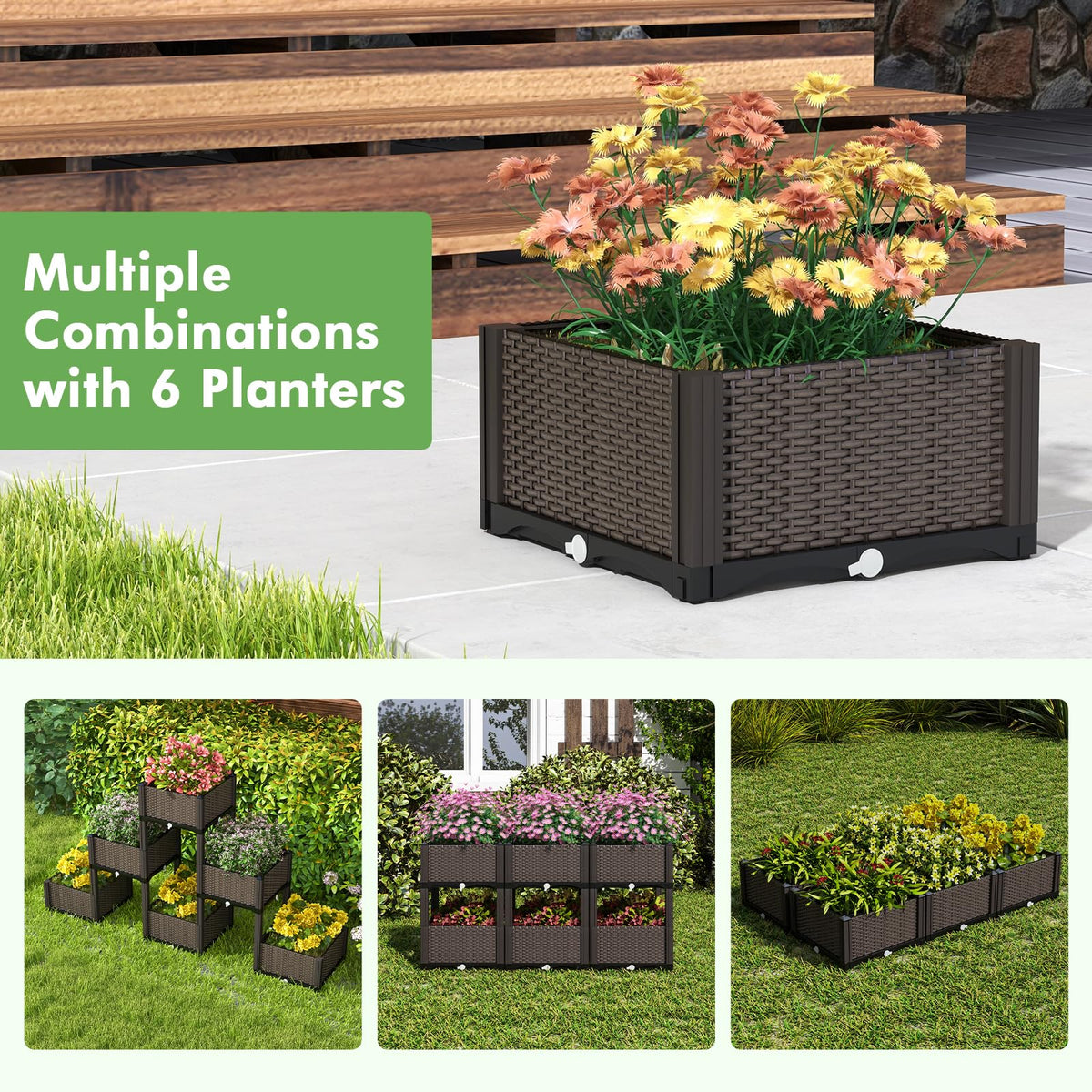 Set of 2 Raised Planter Boxes with Self-Watering System