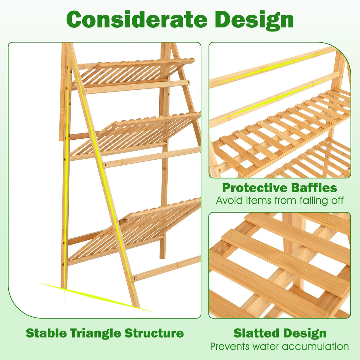 3 Tier Bamboo Ladder Plant Pot Stand with Height Adjustable Hanger Rod