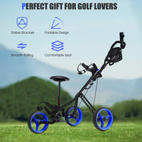 3-Wheel Folding Golf Push Cart, Multifunctional Push Pull Golf Trolley with Adjustable Handle