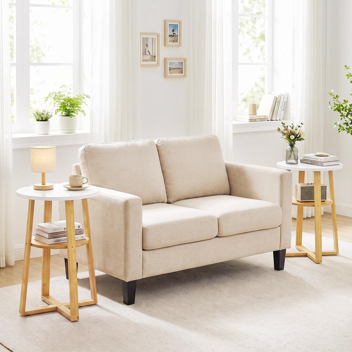 Giantex Round Side Table Set of 2 with Lower Shelf, Solid Bamboo Frame