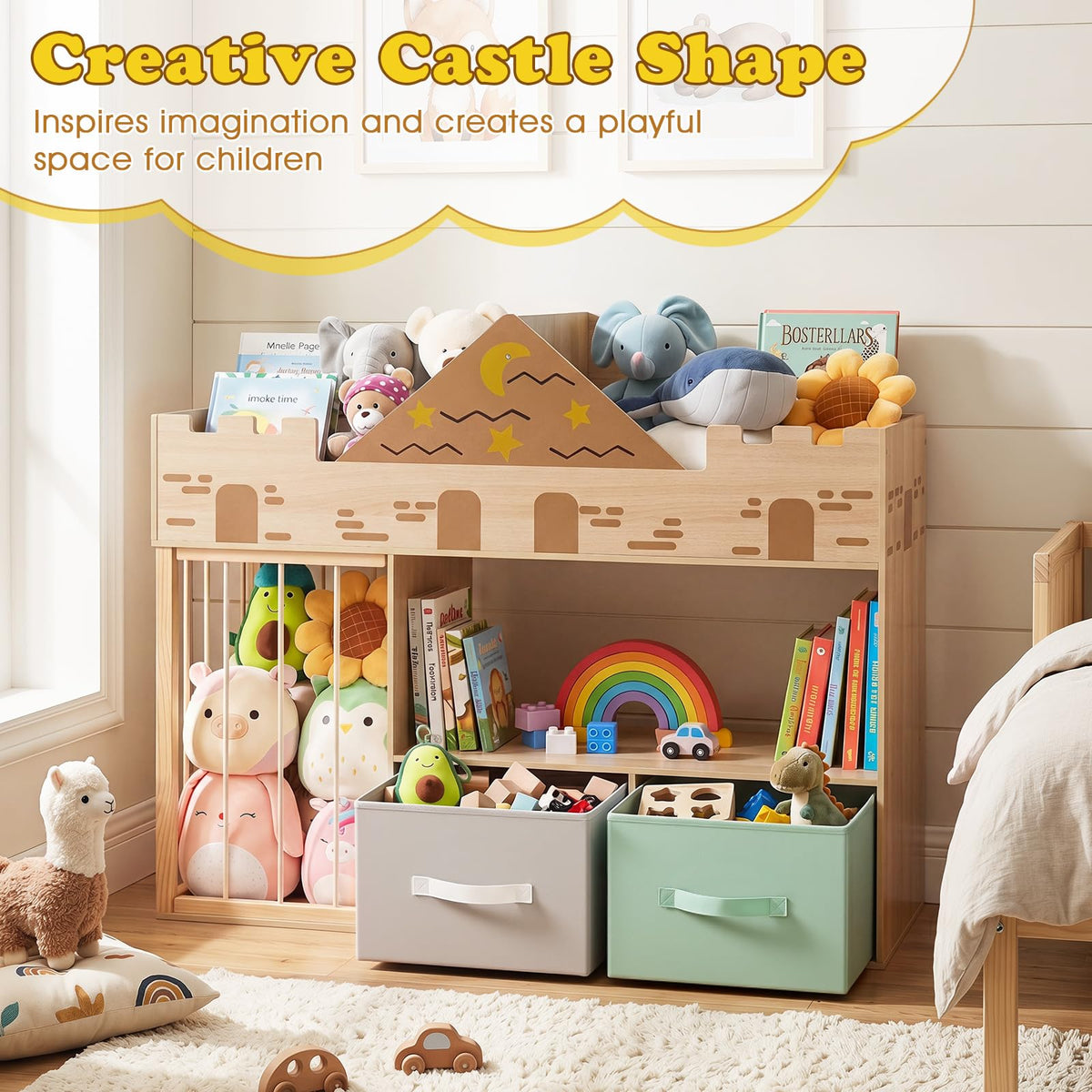 Kids Bookshelf with Stuffed Animal Storage and Fabric Drawers