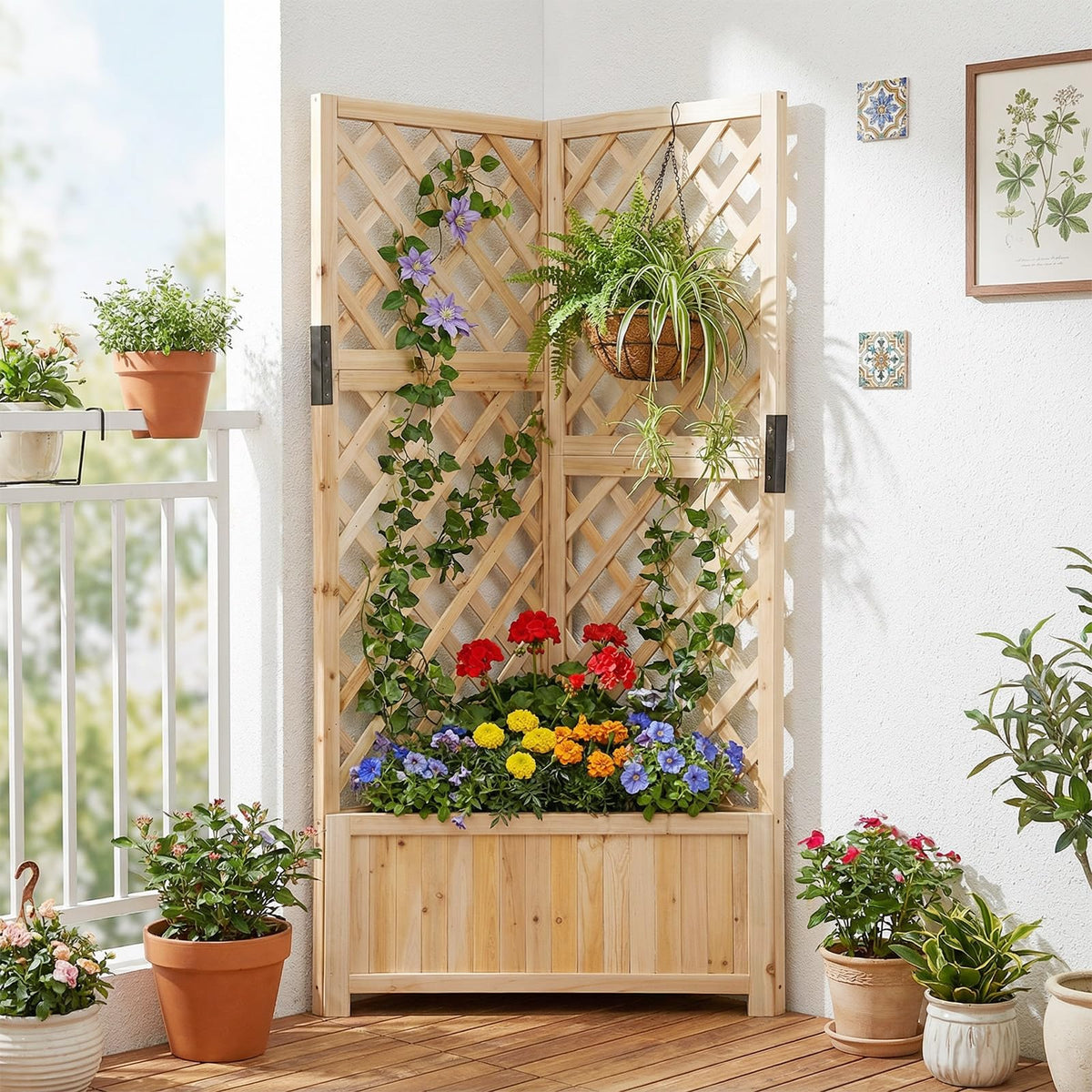 Corner Raised Garden Bed with Trellises for Climbing Plants Vegetables for Yard