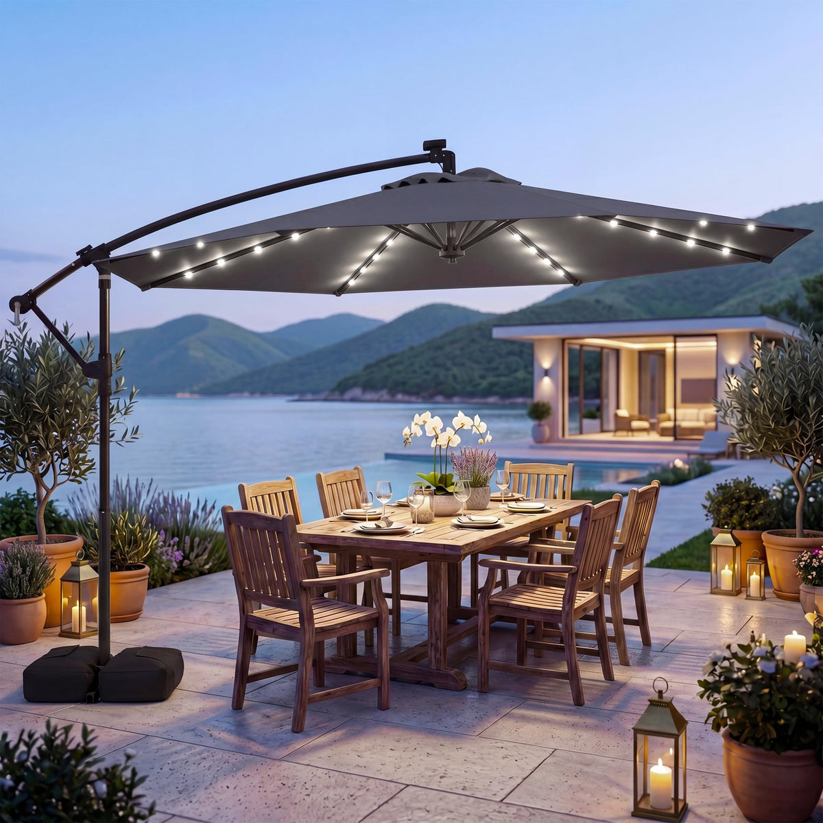 3m Solar Offset Hanging Umbrella with 32 LED Lights and 360° Rotation
