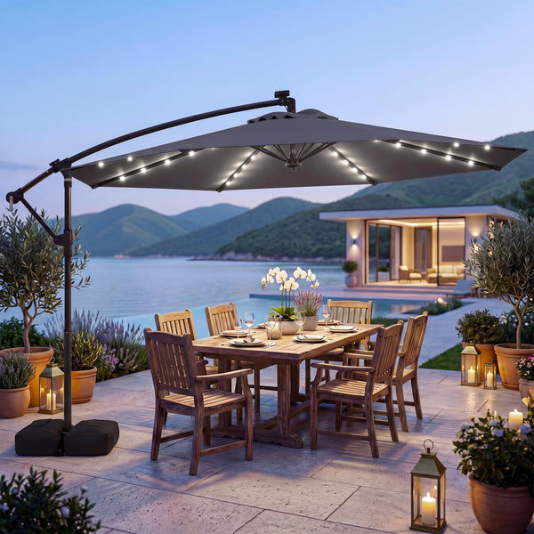 3m Solar Offset Hanging Umbrella with 32 LED Lights and 360° Rotation