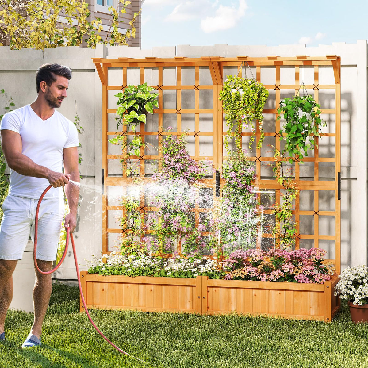 Giantex 72" Large Raised Garden Bed with Trellis & Roof, Wooden Garden Bed