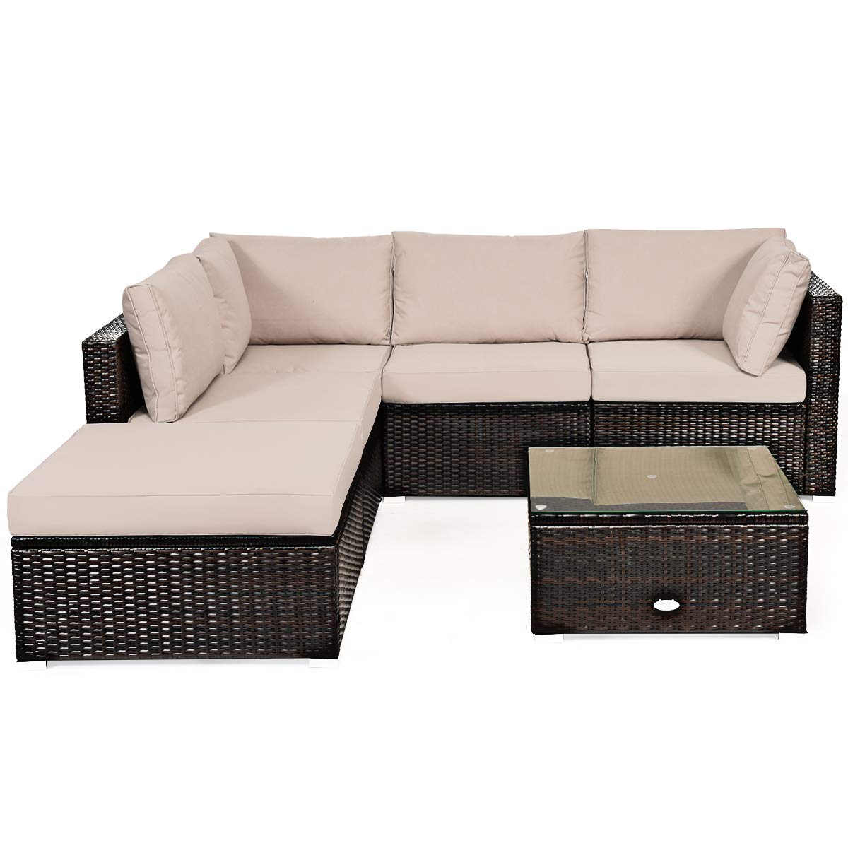 6 PCS Outdoor Rattan Sofa Set, Cushioned Sectional Set with Seat & Back Cushions