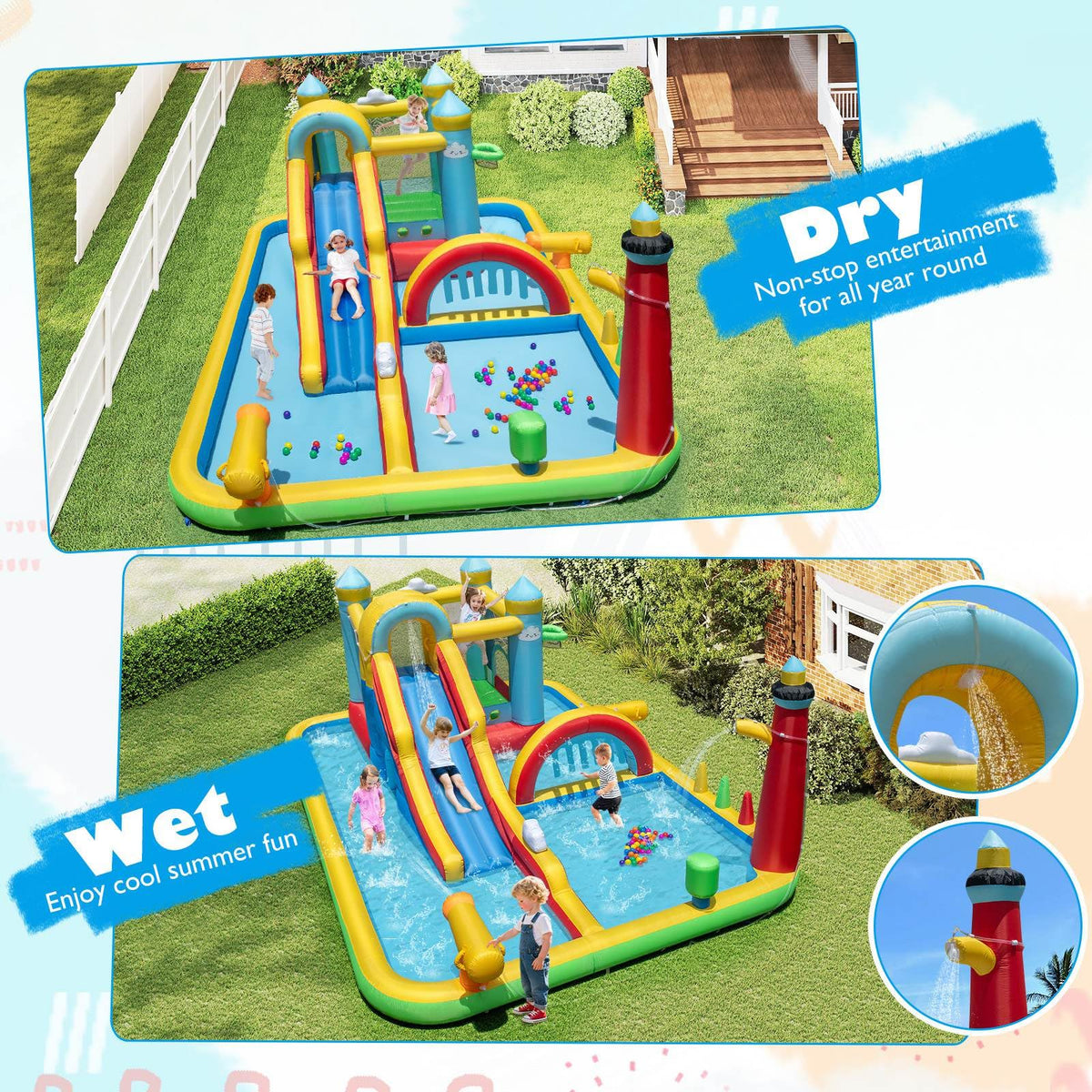 Inflatable Water Slide, Giant Water Park w/ Long Slide, Jumping Area, Climbing Wall, Splash Pools