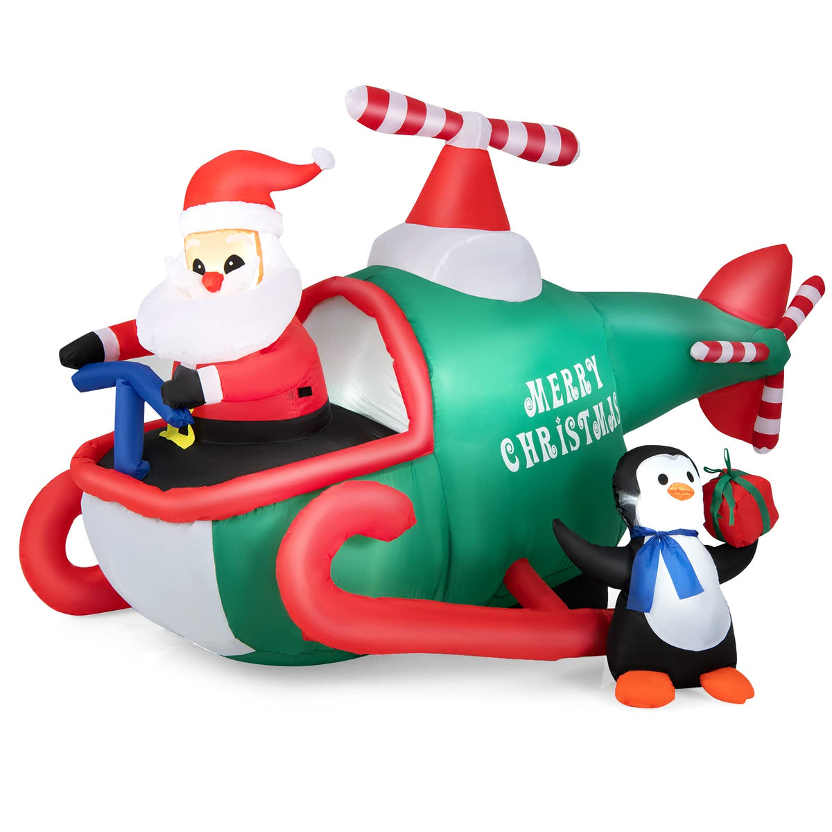 190CM Christmas Inflatable Santa Claus with Penguins on Helicopter