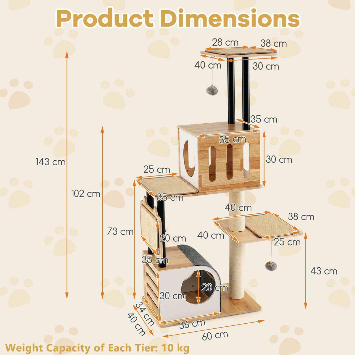 Wood Cat Tree Modern Multi-level Cat Tower w/Double Condos & Sisal Posts Indoor