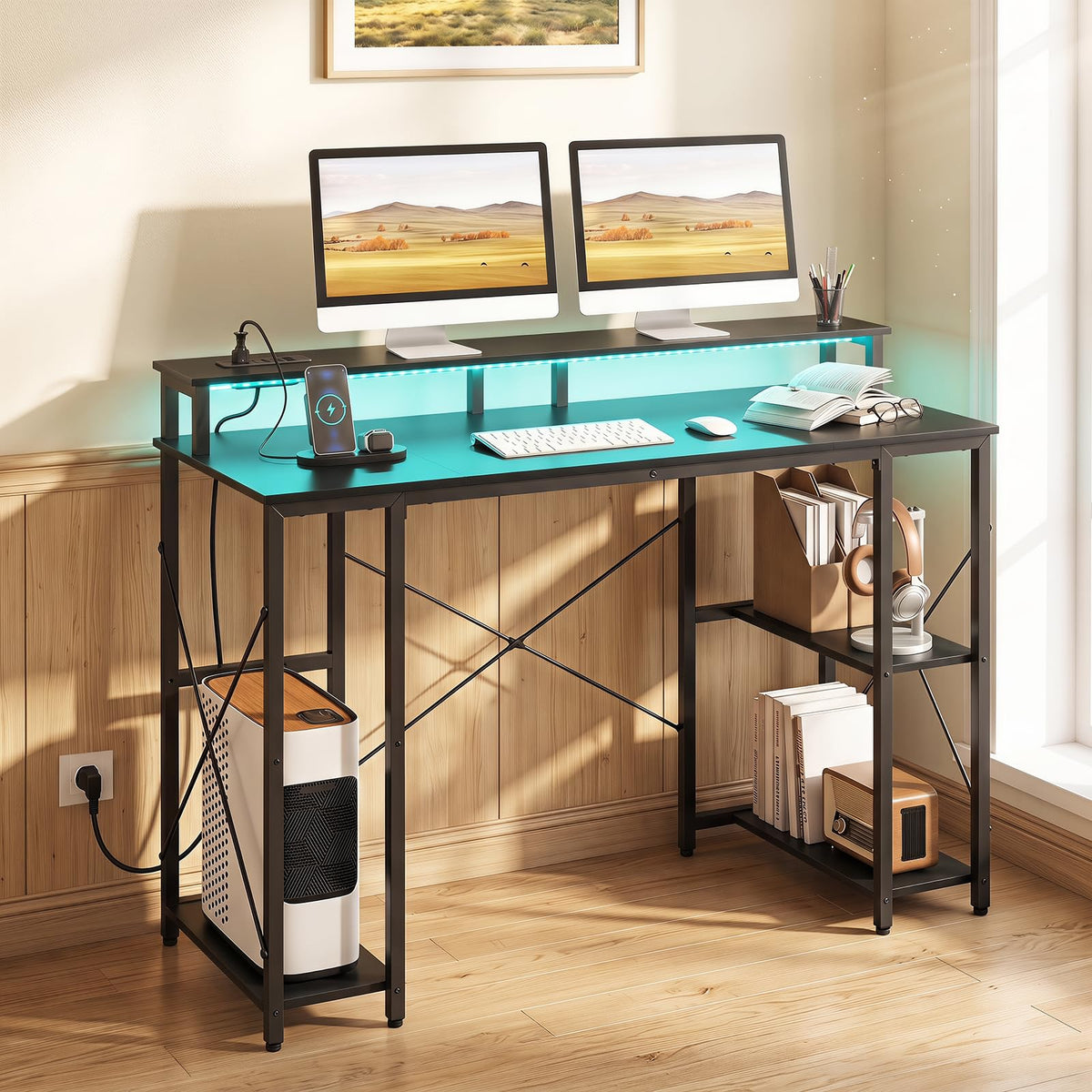 Giantex 120cm Computer Desk with Charging Station and LED Lights