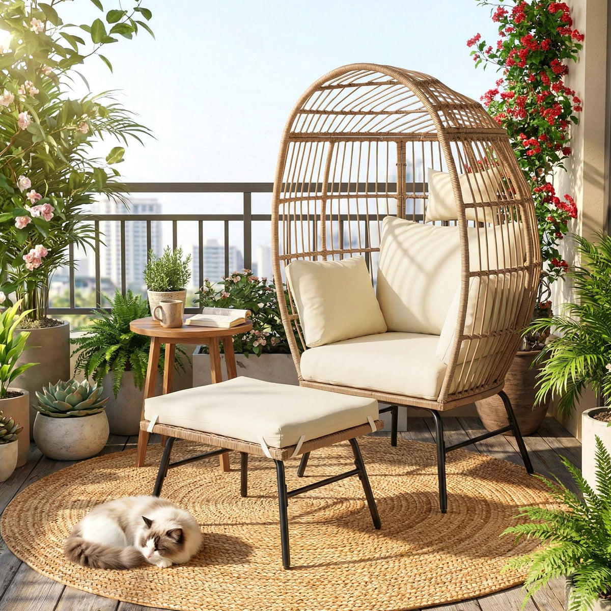 PE Rattan Egg Chair with Ottoman, Indoor & Outdoor Wicker Patio Lounge Chair