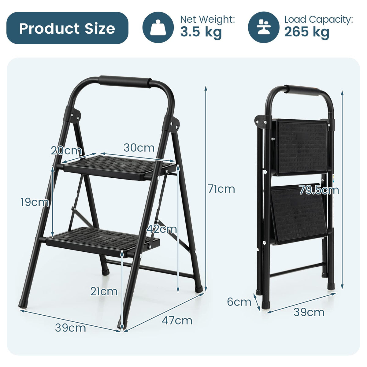 2 Step Ladder, Folding Step Stool w/ Padded Handgrip & Wide Anti-Slip Pedal