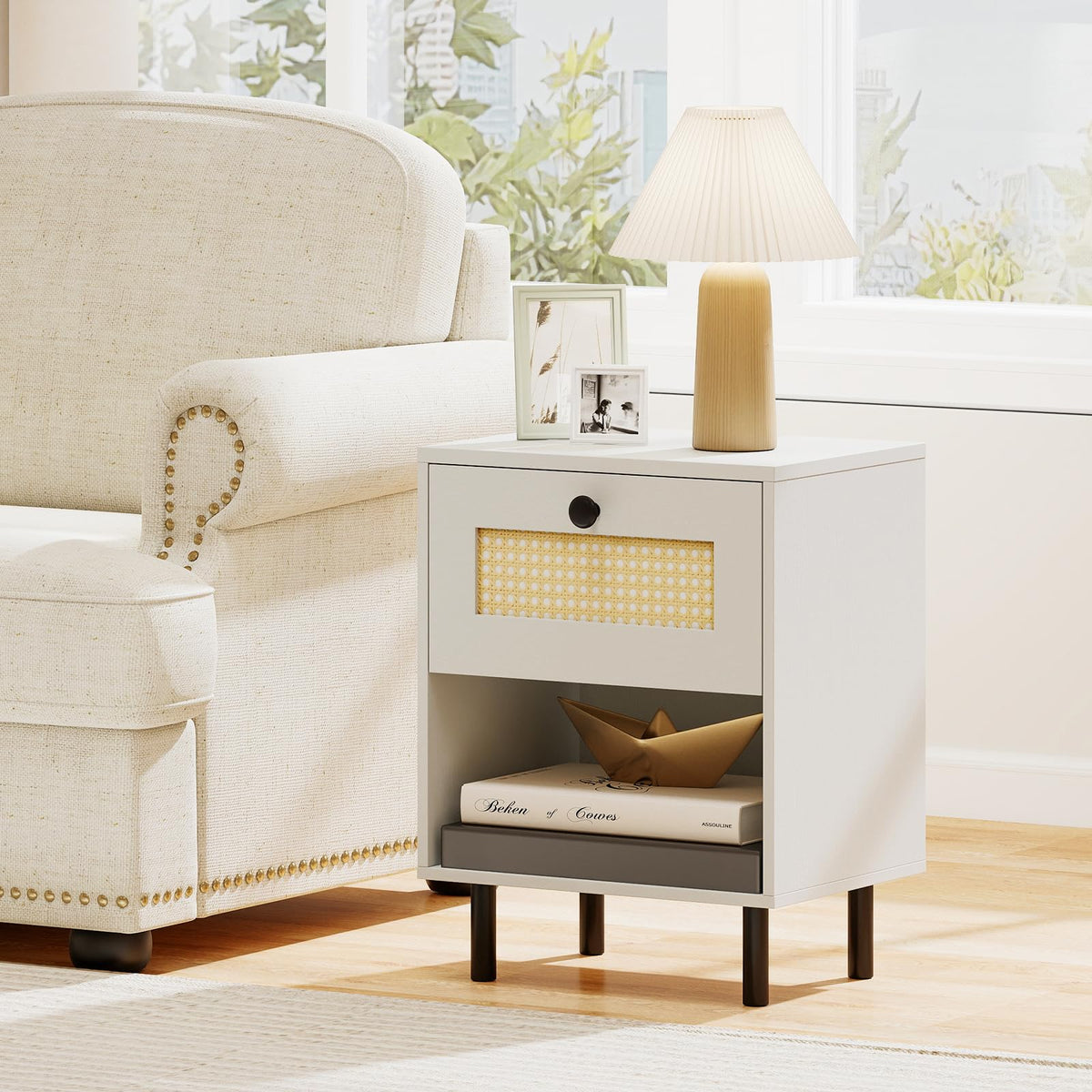 Rattan Nightstand with Drawer and Open Storage Shelf for Living Room and Bedroom