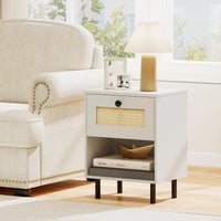 Rattan Nightstand with Drawer and Open Storage Shelf for Living Room and Bedroom