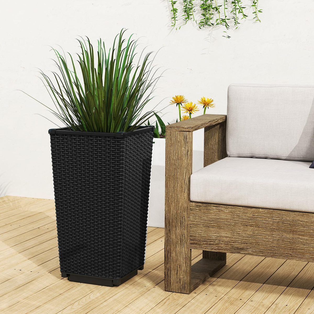 Tall Wicker Planter Box Set of 2 with Water Storage Plate