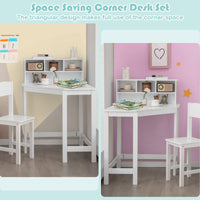 Kids Table and Chairs Set, Corner Study Desk and Chair for Children w/3 Open Compartments