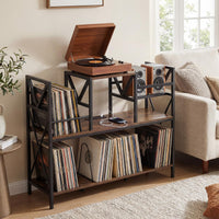 Record Player Stand with Vinyl Storage and Power Outlets for Albums