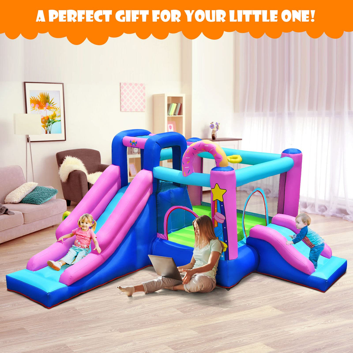 5 in 1 Kids Jumper Bouncer w/2 Slides, Jumping Area, Climbing Wall (Without Air Blower)