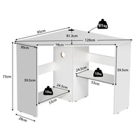 Compact Corner Desk, Corner Study Working Table, Space-Saving, w/ Bookshelves & Cable Hole & Host Storage Shelf (White)