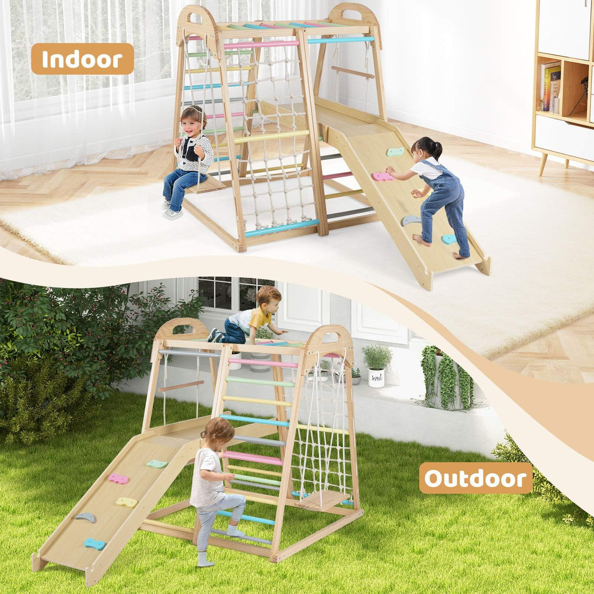 8-in-1 Jungle Gym, Wooden Montessori Climber Playset with Slide