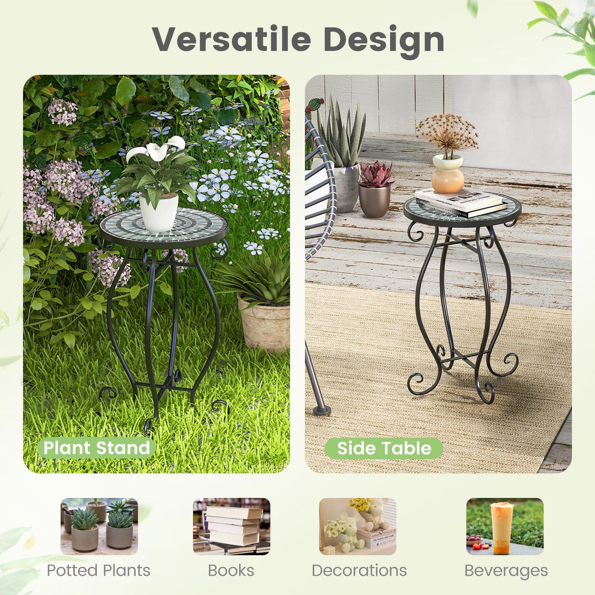 Mosaic Outdoor Side Table with Weather Resistant Ceramic Tile Tabletop