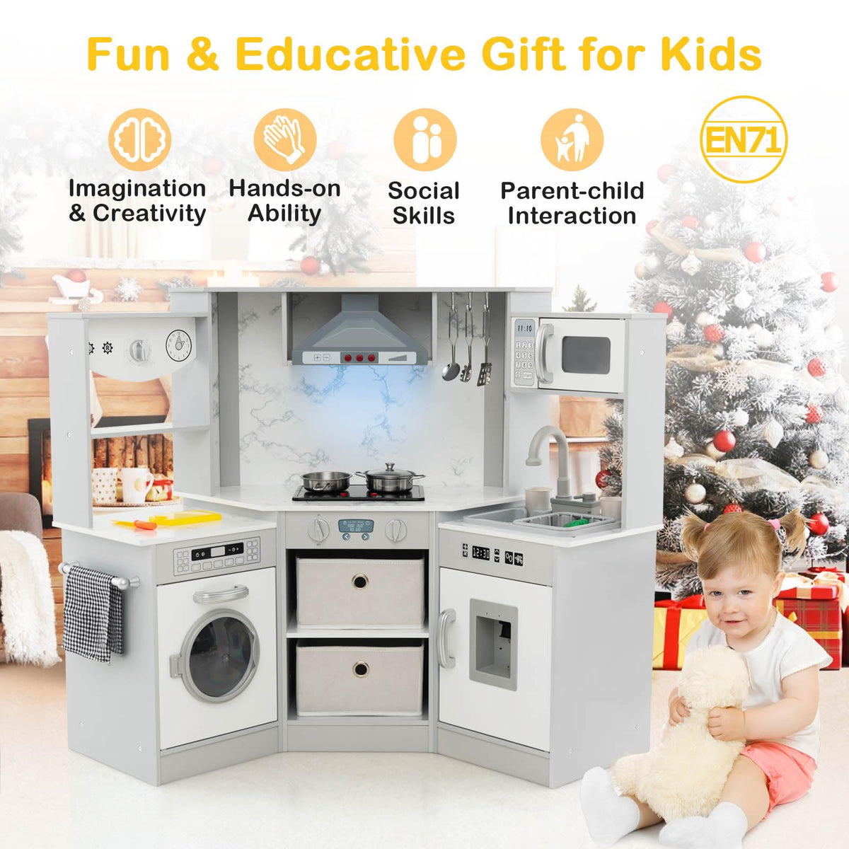 Wooden Kids Play Kitchen with Realistic Lights and Sounds