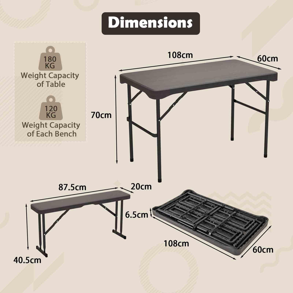 Outdoor Table Bench Set, Folding Picnic Table Set w/ 2 Benches, All-Weather HDPE Tabletop