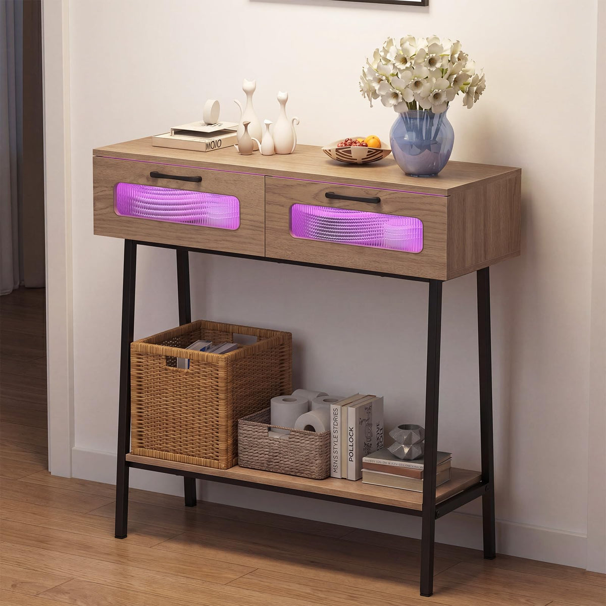 2-Tier Farmhouse Console Table with Colorful LED Lights and 2 Drawers