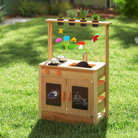 Mud Kitchen for Kids, Fir Wood Kitchen Playset with Planting Pots, Cookware, Stoves, Faucet, Sink & Blackboards